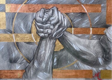 Drawing titled "A handshake is stro…" by Maksym Kulikov, Original Artwork, Graphite Mounted on Wood Stretcher frame