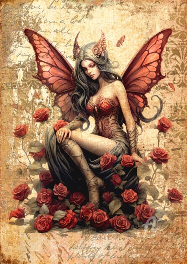 Цифровое искусство под названием "Gothic Rose Fairy" - Mala, Подлинное произведение искусства, Цифровой коллаж