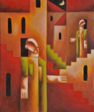 Painting titled "Looking for partner" by Zsolt Malasits, Original Artwork, Oil Mounted on Wood Stretcher frame