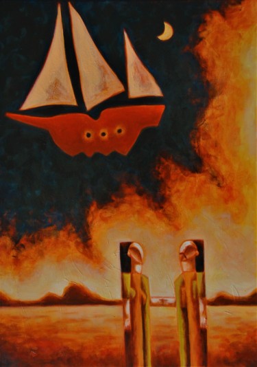 Painting titled "Love ship" by Zsolt Malasits, Original Artwork, Oil Mounted on Wood Stretcher frame