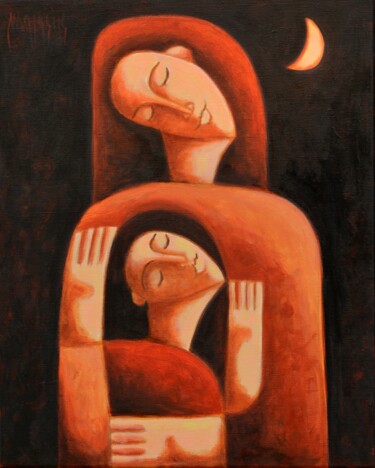 Painting titled "Motherly love - Wor…" by Zsolt Malasits, Original Artwork, Oil Mounted on Wood Stretcher frame