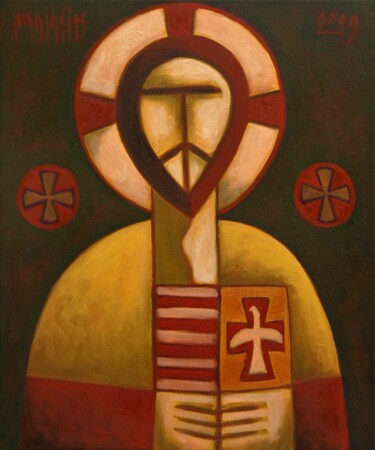 Картина под названием "Jesus Christ with a…" - Zsolt Malasits, Подлинное произведение искусства, Масло Установлен на Деревян…