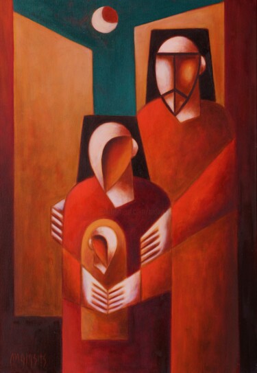Painting titled "Family in a big city" by Zsolt Malasits, Original Artwork, Oil Mounted on Wood Stretcher frame