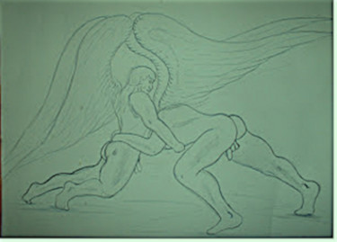 Drawing titled "Two Male Nude Wrest…" by Male Beauty Forum Lifestyle, Original Artwork, Ink