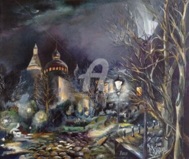 Painting titled "Montmartre" by Malgor Sadlon, Original Artwork, Oil Mounted on Wood Stretcher frame