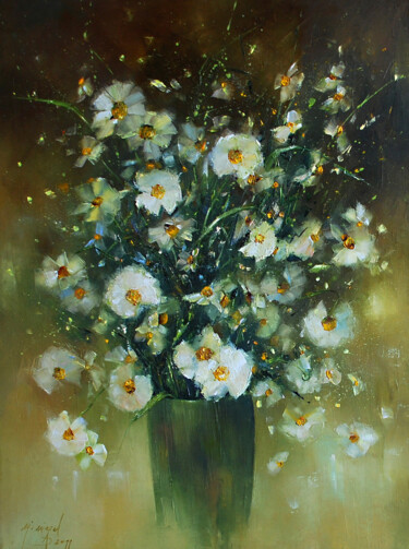 Painting titled "CAMOMILE" by Malgorzata Niegel, Original Artwork, Oil Mounted on Wood Panel