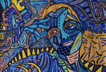 Pintura intitulada "Blue Self-Portrait" por Małgorzata Wartołowicz (Margot Sophie), Obras de arte originais, Acrílico