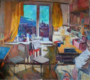 Schilderij getiteld "Вечер в общежитии" door Polina Malidovskaia, Origineel Kunstwerk, Olie