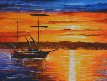 Schilderij getiteld "Gaze Upon the Sunset" door Malinga Kumarasinghe, Origineel Kunstwerk, Acryl Gemonteerd op Frame voor ho…