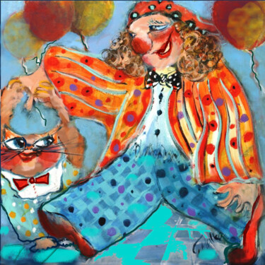 绘画 标题为“Clown with Cat” 由Malka Tsentsiper, 原创艺术品, 数字打印 安装在木质担架架上