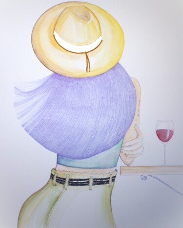 제목이 "Verre de vin"인 그림 Mallory Ramet로, 원작, 볼펜 나무 들것 프레임에 장착됨