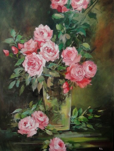 Malerei mit dem Titel "Rosas em vaso de vi…" von Malou Pombo, Original-Kunstwerk, Öl