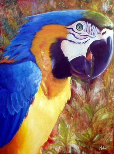 Painting titled "Arara Azul" by Malou Pombo, Original Artwork, Oil