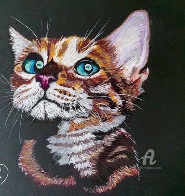 Tekening getiteld "Chat tigré" door Maman Aigle, Origineel Kunstwerk, Marker