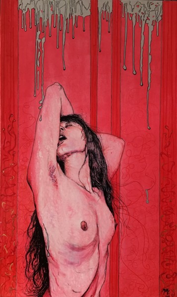 Painting titled "Woman in Red" by Mamé Ríos, Original Artwork, Acrylic