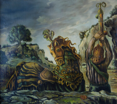 Pittura intitolato "Horse and Warrior" da Mandy Sand, Opera d'arte originale, Olio