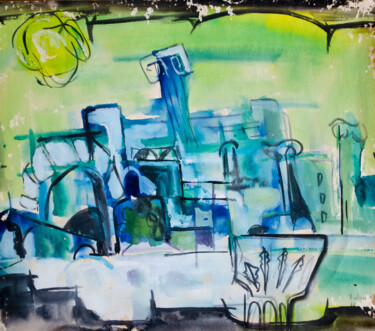 Painting titled "Cityscape" by Mandy Sand, Original Artwork, Watercolor