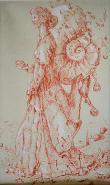 Рисунок под названием "A woman with a shel…" - Mandy Sand, Подлинное произведение искусства, Цветные карандаши