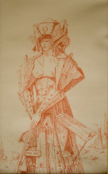 Рисунок под названием "Wooden Woman" - Mandy Sand, Подлинное произведение искусства, Цветные карандаши