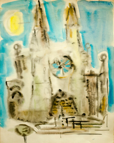 Painting titled "Cathedral front" by Mandy Sand, Original Artwork, Watercolor