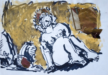 Schilderij getiteld "Nude sitting on a g…" door Mandy Sand, Origineel Kunstwerk, Aquarel