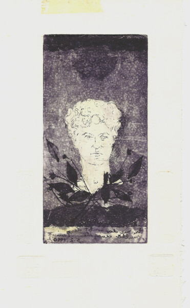 Prenten & gravures getiteld "Agy's Head with lea…" door Mandy Sand, Origineel Kunstwerk, Gravure