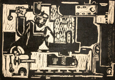 Prenten & gravures getiteld "Factory worker" door Mandy Sand, Origineel Kunstwerk, Xylograaf