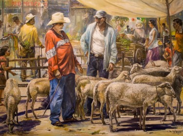 Malerei mit dem Titel "Sheep Market, Mexico" von Manfred Rapp, Original-Kunstwerk, Öl