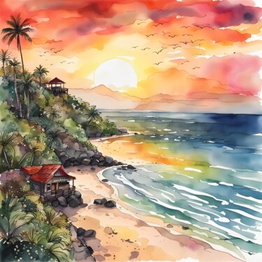 Digitale Kunst getiteld "Sunset in Bali" door Mankdhani, Origineel Kunstwerk, AI gegenereerde afbeelding