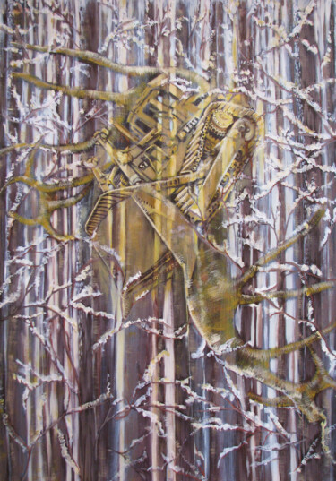 Painting titled "Engins #1 - Bois" by Manon Desmets, Original Artwork, Oil