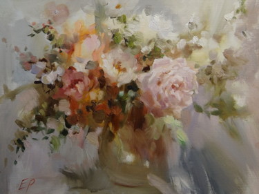 Painting titled "Букетс розой" by Elena Rezaeva, Original Artwork, Oil