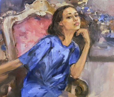 Pittura intitolato "Леди в голубом" da Elena Rezaeva, Opera d'arte originale, Olio Montato su Telaio per barella in legno