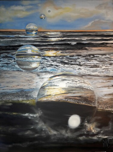 Painting titled "Hum by the sea" by Manu Surreabulliste, Original Artwork, Oil Mounted on Wood Stretcher frame