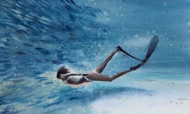 Peinture intitulée "Nager en compagnie" par Manu Toxxic, Œuvre d'art originale, Aquarelle