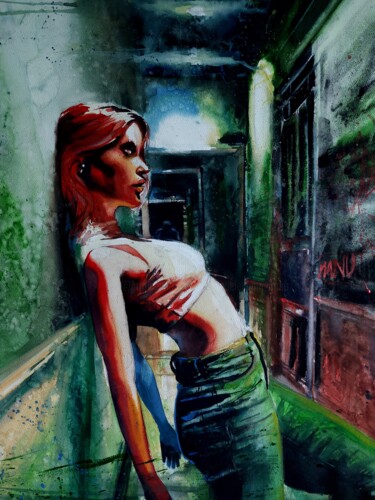 Pintura titulada "Alone in the subway…" por Manu Toxxic, Obra de arte original, Acuarela
