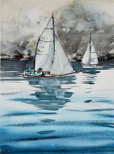 Pintura titulada "Sailboats on Lugano…" por Manu Toxxic, Obra de arte original, Acuarela