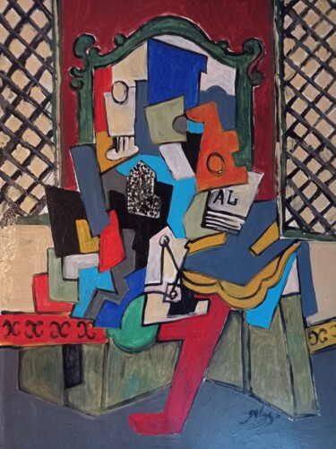 Painting titled "Nature Morte Cubiste" by Manuel Galaso, Original Artwork, Acrylic Mounted on Wood Stretcher frame