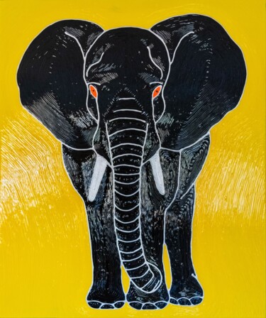 Painting titled "The Black Elephant" by Manuel Tallini, Original Artwork, Acrylic Mounted on Wood Stretcher frame