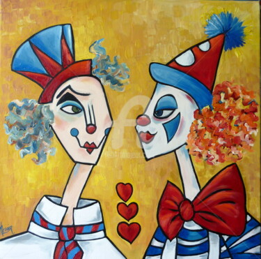 Картина под названием "clowns amoureux ou…" - Manuèle Lenoir, Подлинное произведение искусства, Масло