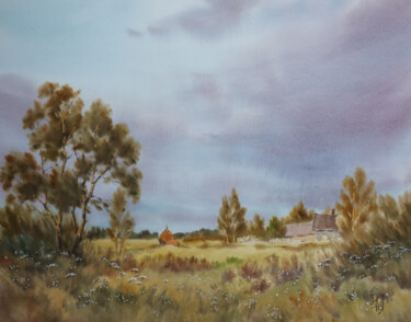 Painting titled "Evening landscape" by Igor Manukhov, Original Artwork, Watercolor