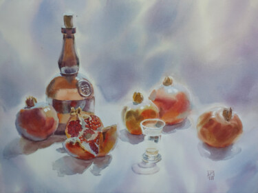 Schilderij getiteld "Rakia glass and pom…" door Igor Manukhov, Origineel Kunstwerk, Aquarel