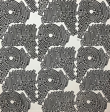 Prenten & gravures getiteld "Labyrinth #3" door Michael E. Voss, Origineel Kunstwerk, Linosnede Gemonteerd op Frame voor hou…
