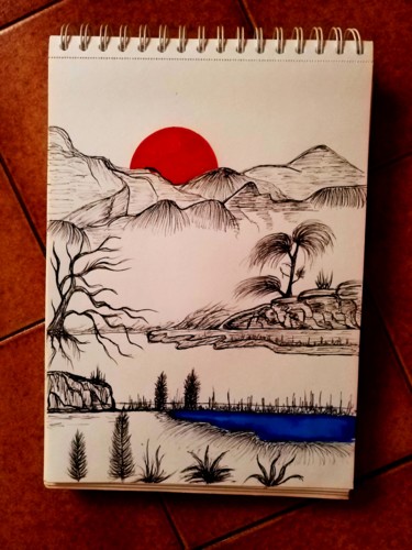 Malarstwo zatytułowany „Paysage japonais” autorstwa Florence Castelli  Flofloyd, Oryginalna praca, Atrament