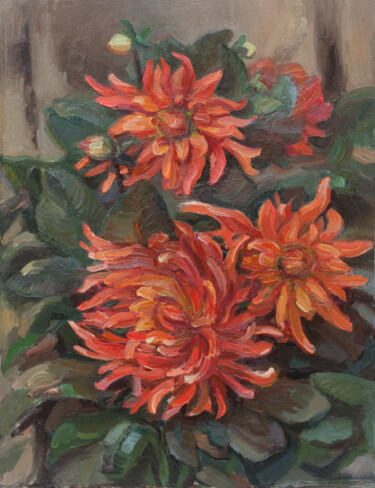 Malerei mit dem Titel "Orange dahlias." von Mariana Sobkiv, Original-Kunstwerk, Öl