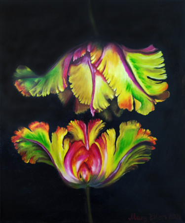 Schilderij getiteld "Two Rainbow Tulips" door Mariam Mary Ellen, Origineel Kunstwerk, Olie