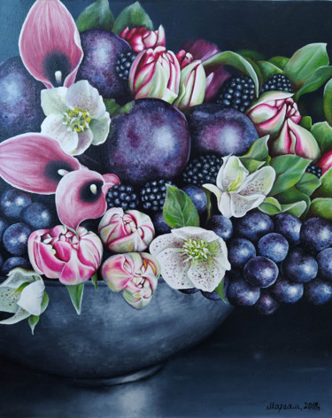 Painting titled "Fruits and Flowers" by Mariam Mary Ellen, Original Artwork, Oil