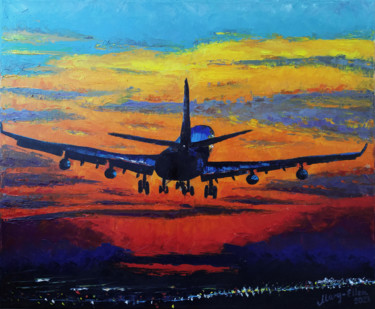 Pittura intitolato "Plane at the sunset…" da Mariam Mary Ellen, Opera d'arte originale, Olio