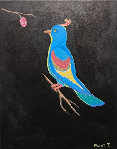 Painting titled "Bird and Berry" by Marat Teloyan, Original Artwork, Acrylic Mounted on Wood Stretcher frame