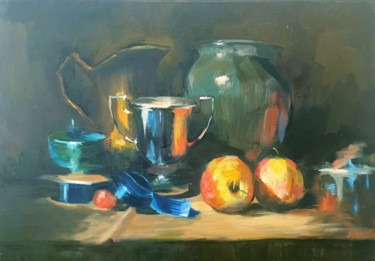 Painting titled "Still life" by Marat Japarov, Original Artwork, Oil Mounted on Wood Stretcher frame