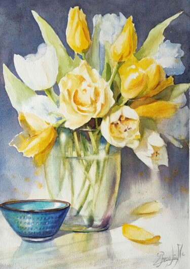 Painting titled "Les tulipes jaunes" by Marc Broudic, Original Artwork, Watercolor